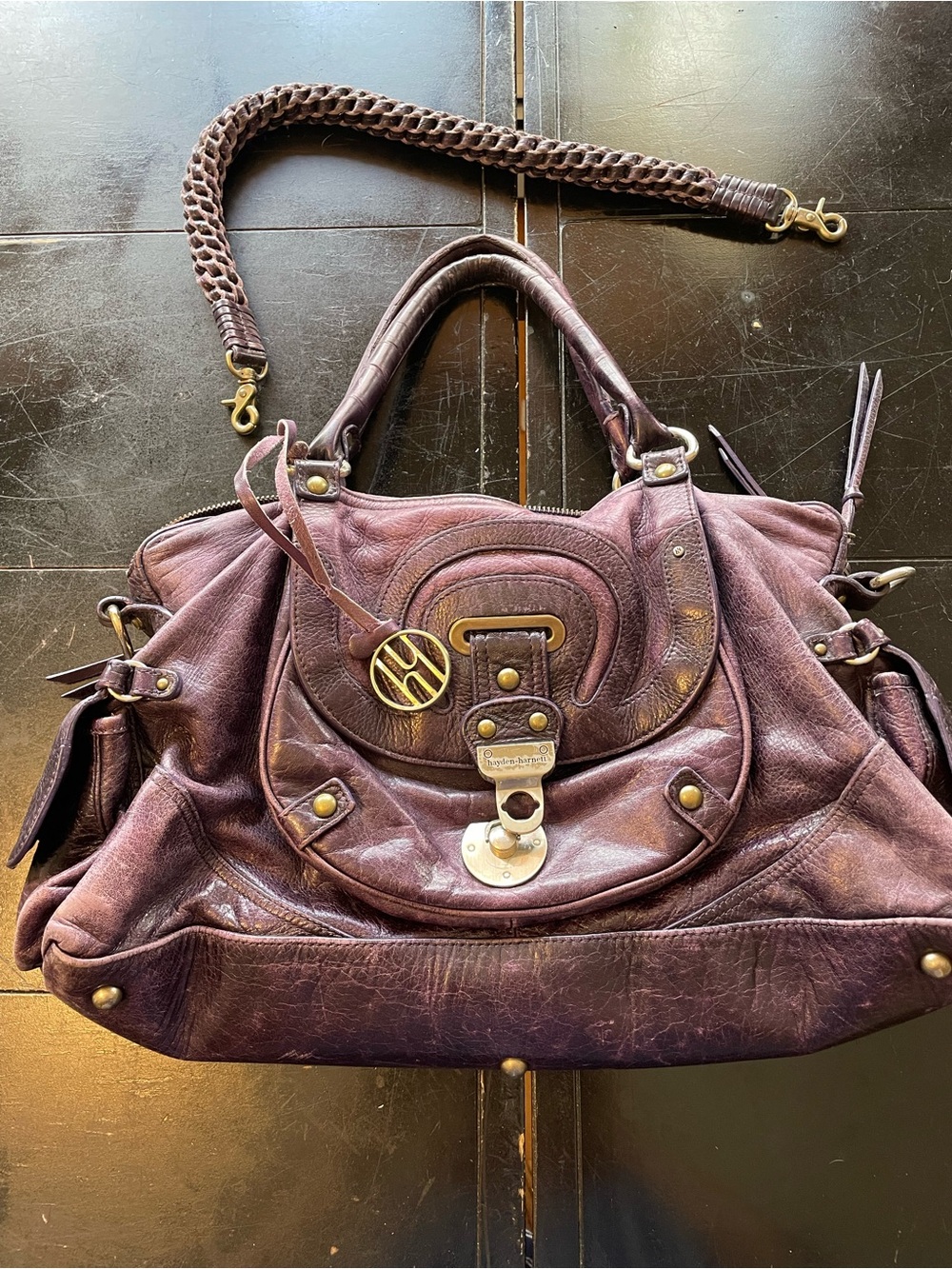 Plum Leather Satchel with Brass Accent Hardware